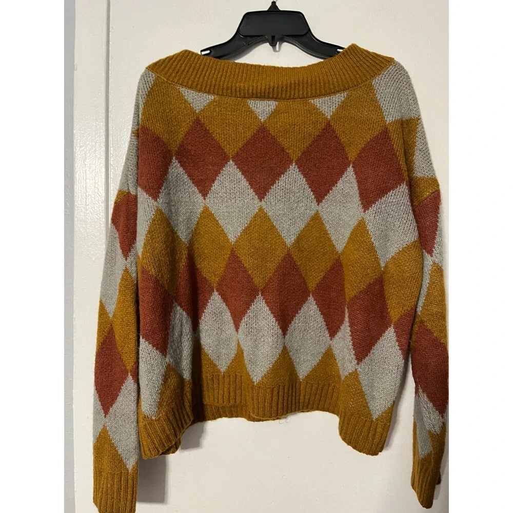Favlux Women Argyle V-Neck Oversized Sweater Mustard Orange Grey FL19H800 L